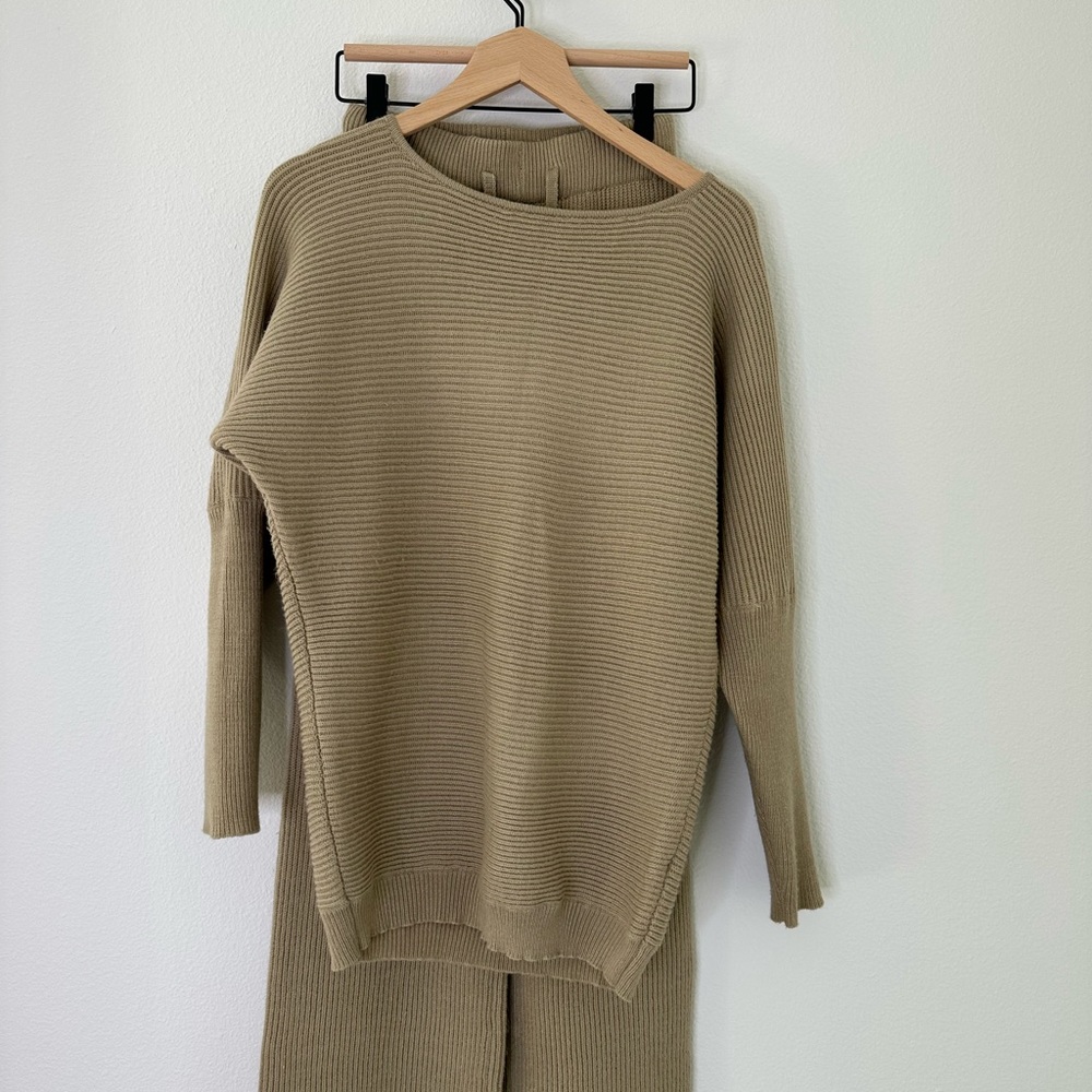 Tan sweater and wide leg sweatpants set